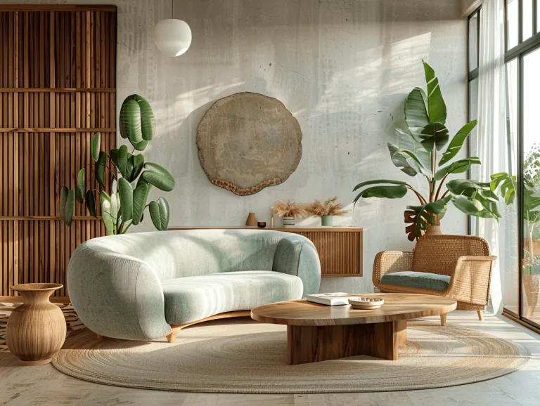 Napfényes, modern nappali mentazöld kanapéval, fonott székkel és zöld növényekkel, a home staging fontosságát illusztrálva a gyors lakáseladáshoz.