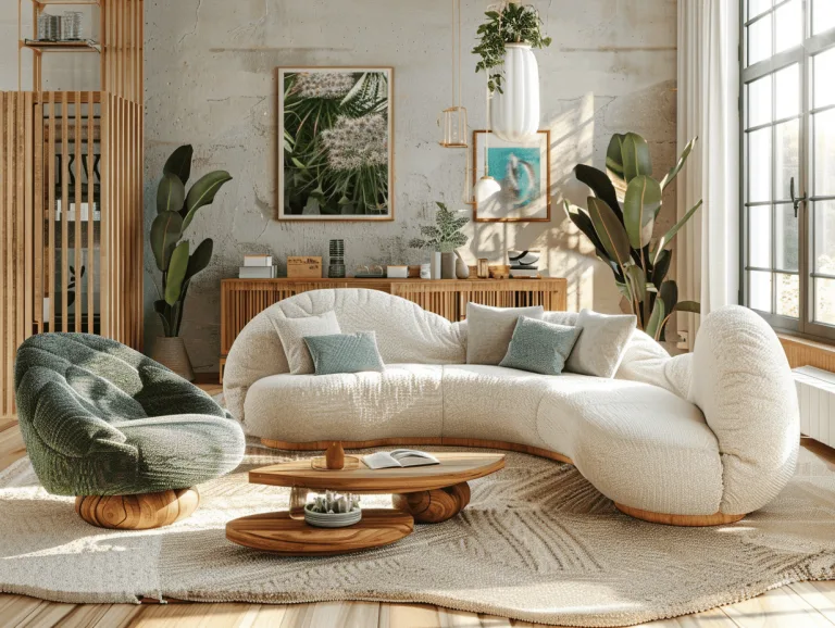 Világos, modern nappali esztétikus bútorokkal és növényekkel, a sikeres házeladás érdekében végzett home staging példájaként.