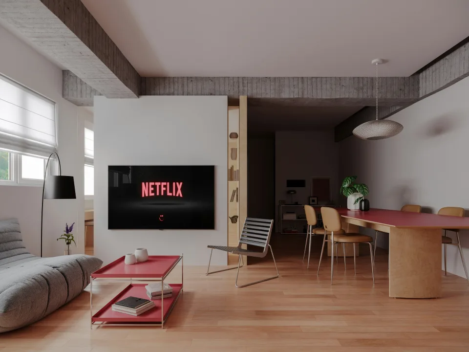 nappali és étkező és tv netflix felirattal