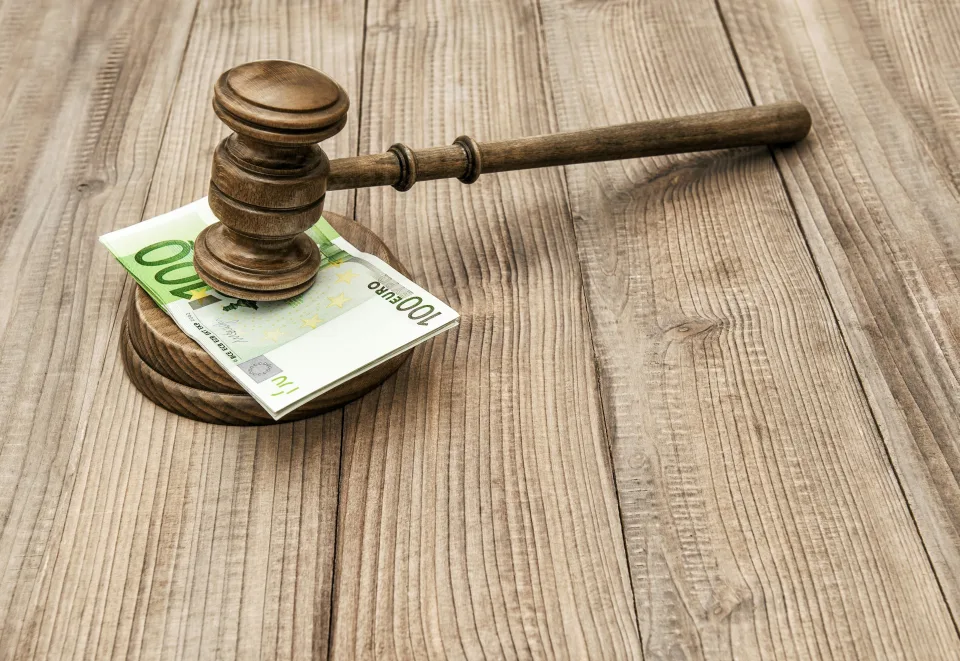 euro bills under a hammer